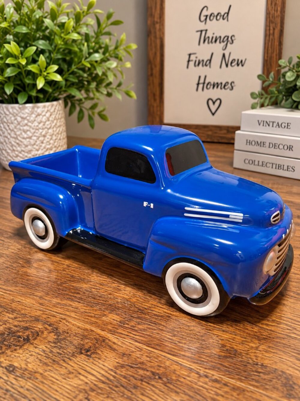 Vintage Teleflora Ford F-1 1948 Blue Ceramic Truck Planter